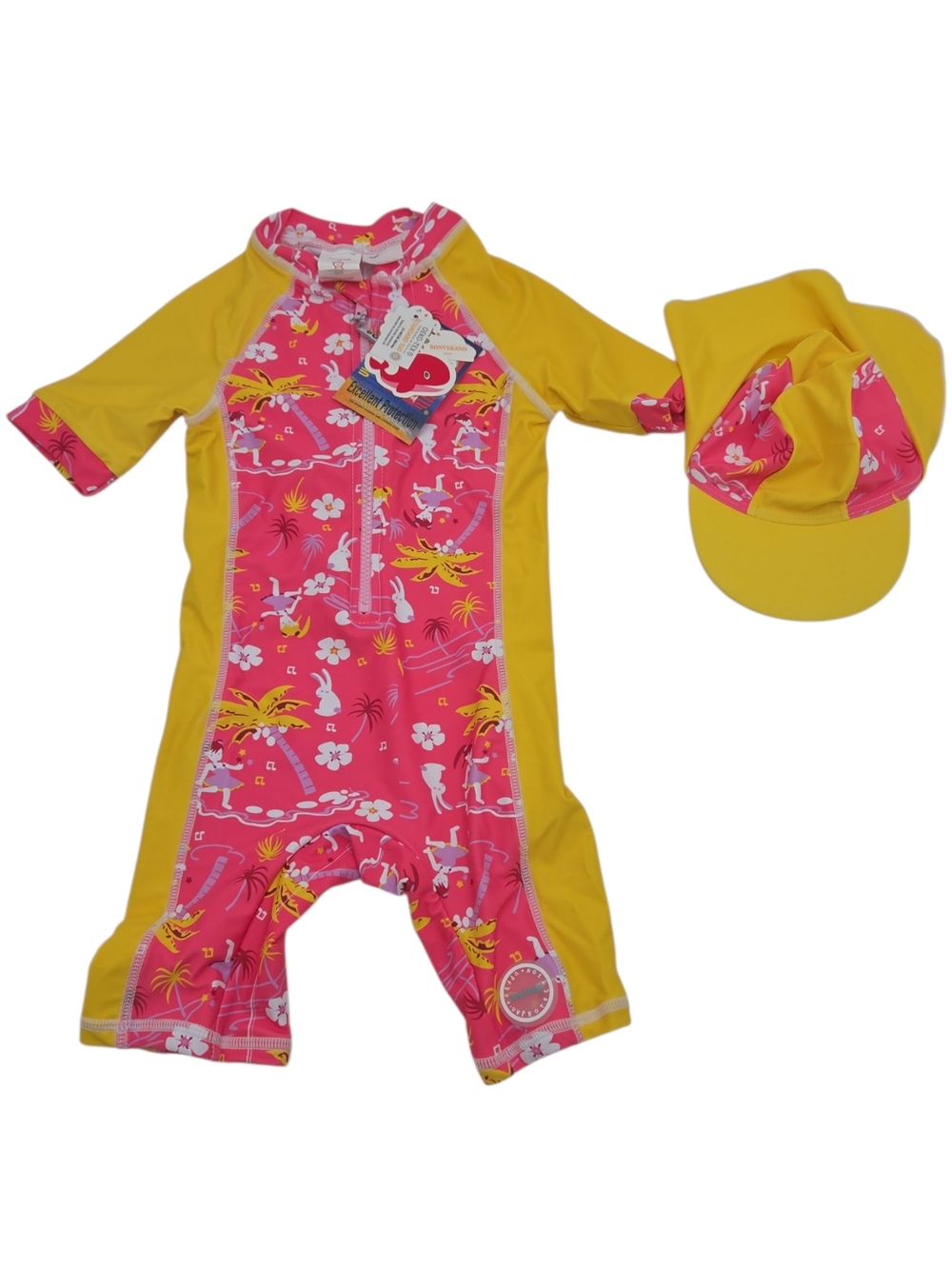 Girls Pink & Yellow Floral Rashguard Swimsuit with Sun Hat